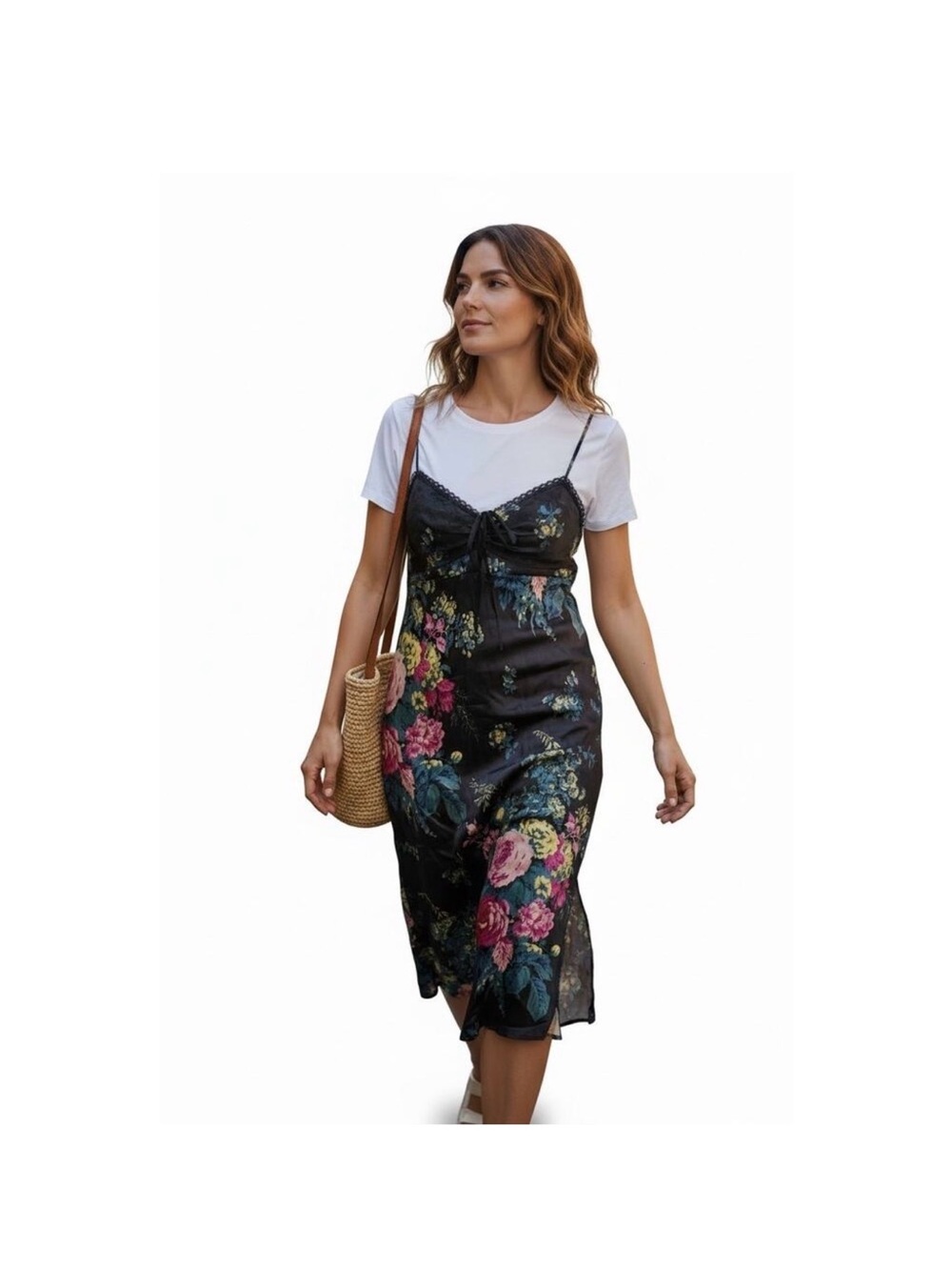 Anthropologie Floral Layered Slip Dress Attached Tee Y2K Midi Dress XL